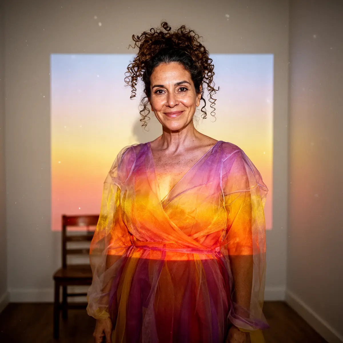 Alkuperäinen kuva RogerApp.ai:ssa: nainen, jolla ei-toivottu projektorivalon efekti vartalon ja takaseinän yli