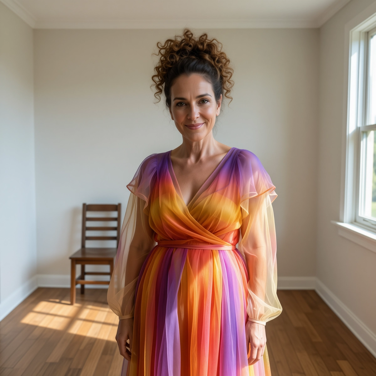 AI-valaistusparannuksen lopputulos RogerApp.ai:ssa: naisen kuva, josta projektoriartefakti on poistettu ja korvattu luonnollisella kultaisen tunnin ikkunavalolla