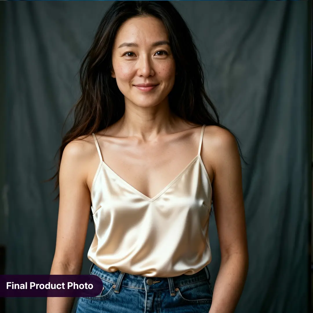 Lopullinen AI-yhdistetty tuotekuva — AI-generoitu malli kermavalkoinen satiini-toppaaminen päällä spagettihaineilla, hyperrealistinen studiotulos luotu RogerApp.ai:n kuvien yhdistäjällä