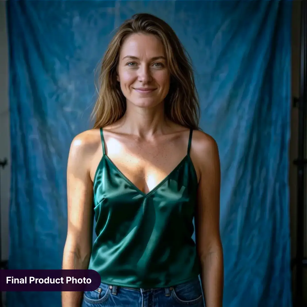 Lopullinen AI-yhdistetty lifestyle-tuotekuva — AI-generoitu malli tummanvihreä satiini-toppaaminen päällä sinistä taustaa vasten, hyperrealistinen verkkokauppatulos luotu RogerApp.ai:n AI-kuvien yhdistäjällä