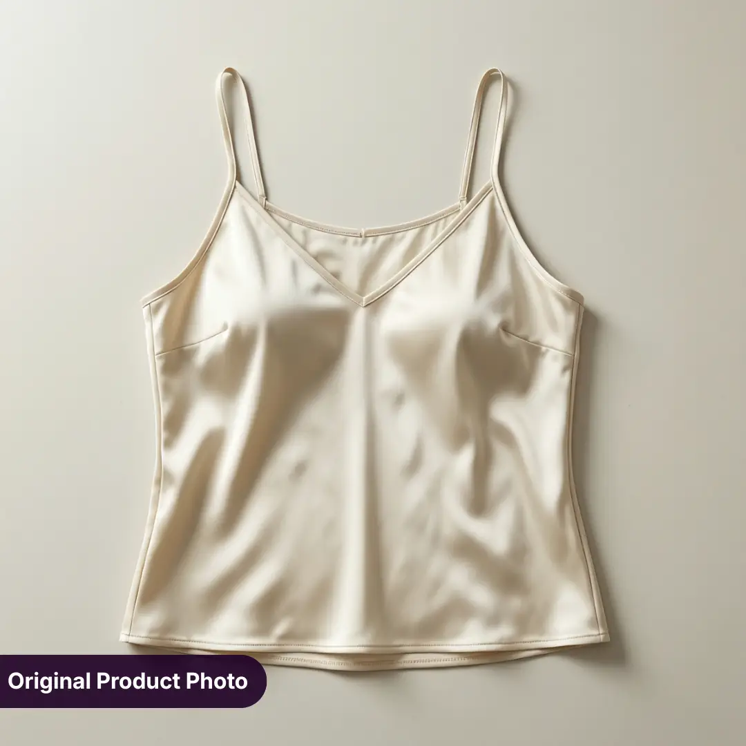 Alkuperäinen flat lay -tuotekuva kermavalkoinen satiini-topattu spagettihaineilla neutraalilla taustalla, käytetty referenssikuvana RogerApp.ai:n AI-kuvien yhdistämistyönkulussa