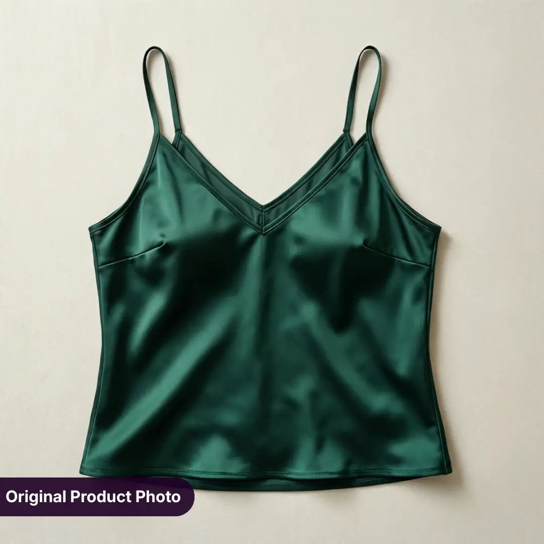 Alkuperäinen flat lay -tuotekuva tummanvihreä satiini-toppaaminen V-pääntiellä ja spagettihaineilla kermataustailla, referenssikuva RogerApp.ai:n AI-kuvien yhdistämiseen