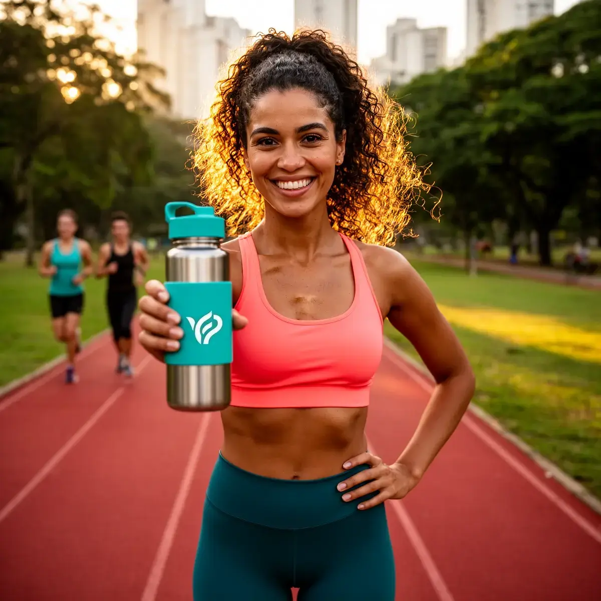 The same AI model on a running track at golden hour, with a custom brand logo realistically applied to the water bottle, following its curvature and lighting.