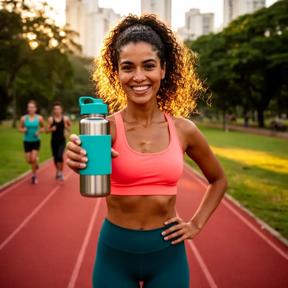 AI-generated lifestyle photo of an athletic model holding the original water bottle on a running track during golden hour sunset lighting.
