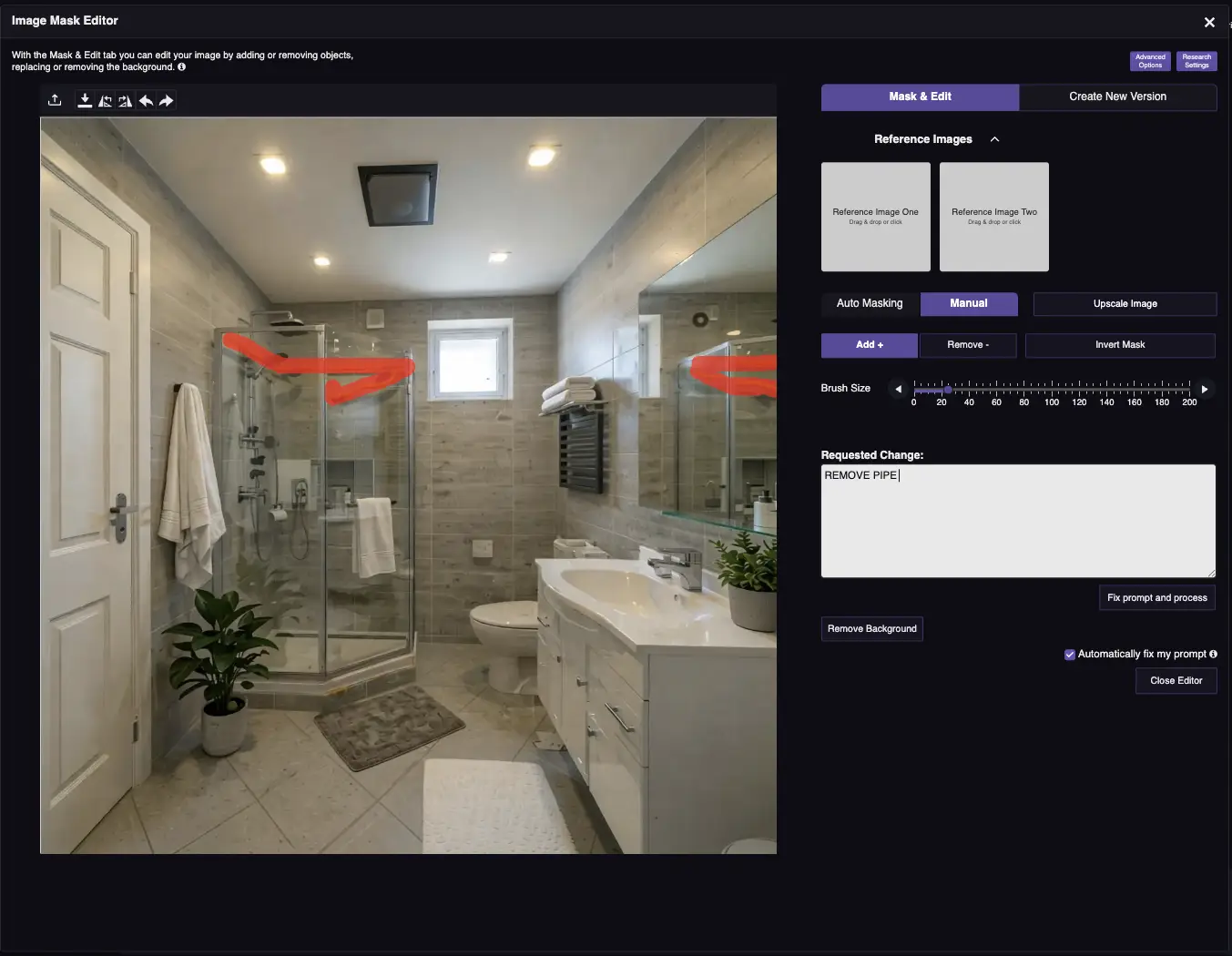 RogerApp.ai:n kuvaeditori: putket merkitty manuaalisella maskaussiveltimellä valmiina AI-objektin poistoon
