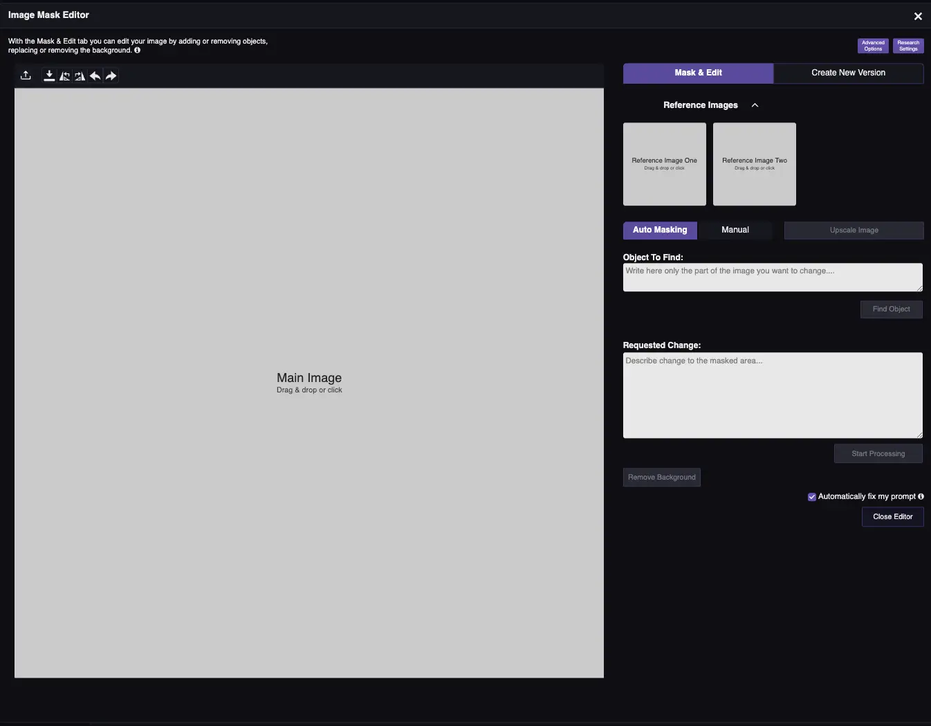 RogerApp.ai:n kuvaeditorin käyttöliittymä, jossa näkyvät Mask & Edit -välilehti, referenssikuvapaikkoja ja Requested Change -prompttikenttä