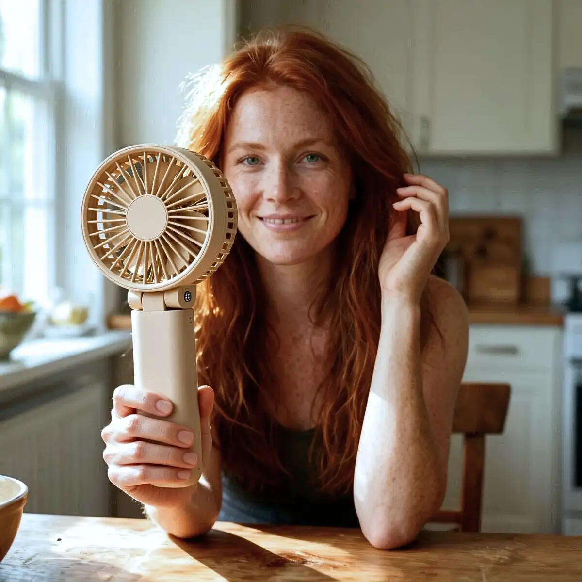 AI-kuvien yhdistämisen tulos RogerApp.ai:ssa, jossa viuhkatuotekuva on yhdistetty naisen käteen erillisestä referenssikuvasta