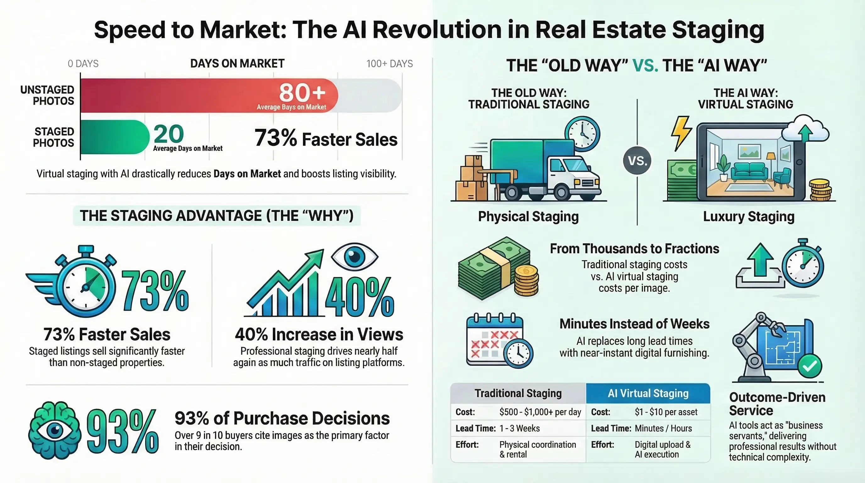 Infograafi: AI-virtuaalinen stailaus vähentää markkinoillaolonpäivät yli 80:stä 20 päivään, 73 % nopeammat kaupat, 40 % enemmän ilmoituskatseluja ja 93 % ostajista pitää kuvia ensisijaisena ostotekijänä. Vertailu perinteisen stailauksen 500–1 000 $/pv kustannuksia AI-virtuaalisen stailauksen 1–10 $/kuva hintaan.