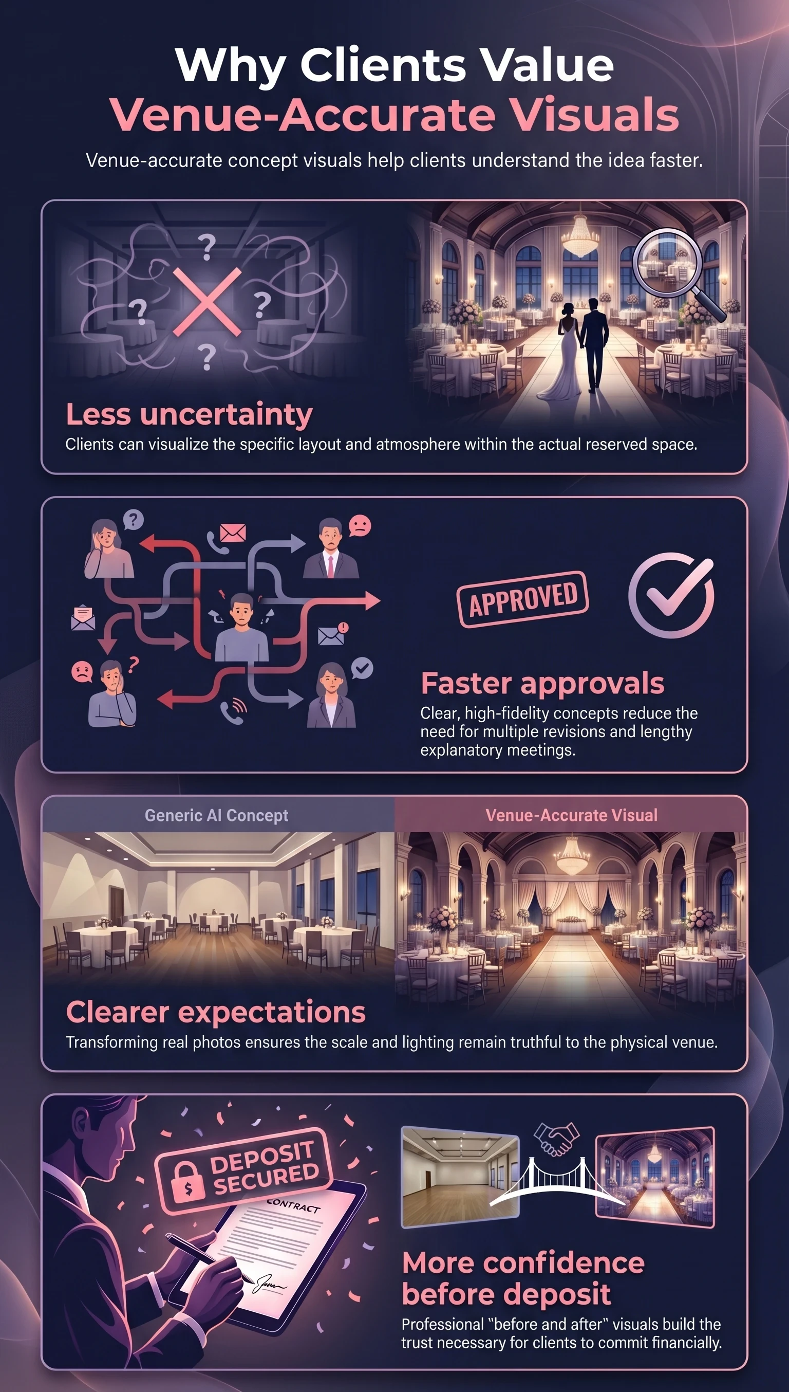 Infographic: four client benefits of venue-accurate AI visuals — less uncertainty, faster approvals, clearer expectations, more confidence before deposit — RogerApp.ai