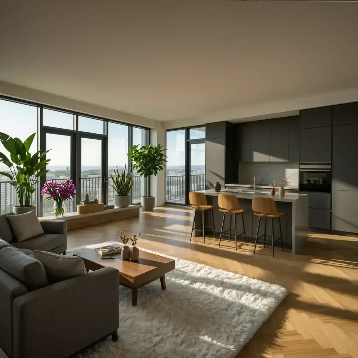 AI-visualisoinnin tulos, jossa betoniraakarunkoasunto on muutettu tummaksi moderniksi avokeittiö-olohuoneeksi — harmaa keittiösaareke baarituoleineen, kalanruotoparketti, trooppiset kasvit, panoraamanäkymä kaupunkiin — RogerApp.ai