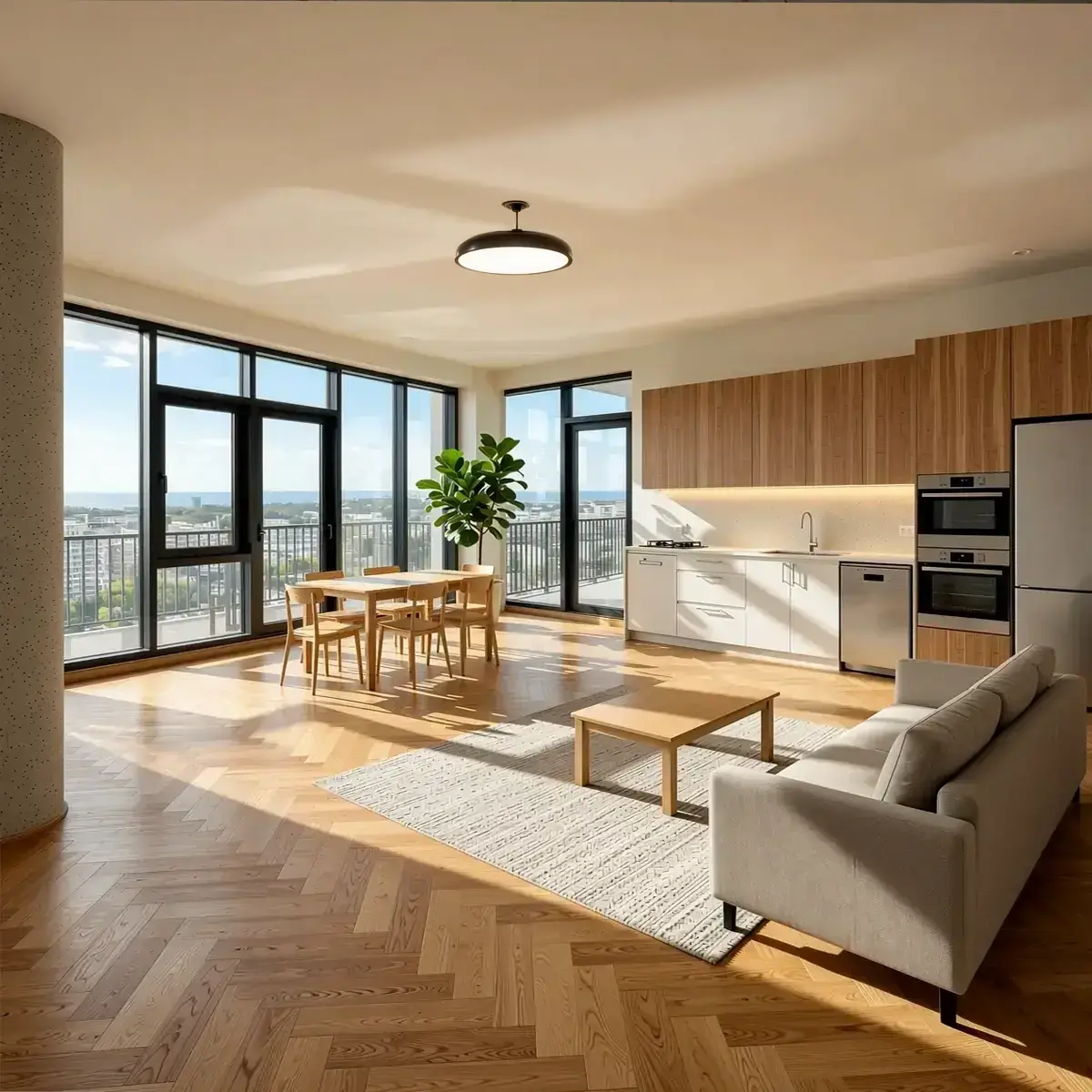 AI-visualisoinnin tulos, jossa betoniraakarunkoasunto on viimeistelty skandinaaviseen vaaleaan tyyliin — tamminen kalanruotoparketti, puusävyiset keittiökalusteet, ruokapöytä tuoleineen, kermanvärinen sohva, viikunapuu — RogerApp.ai