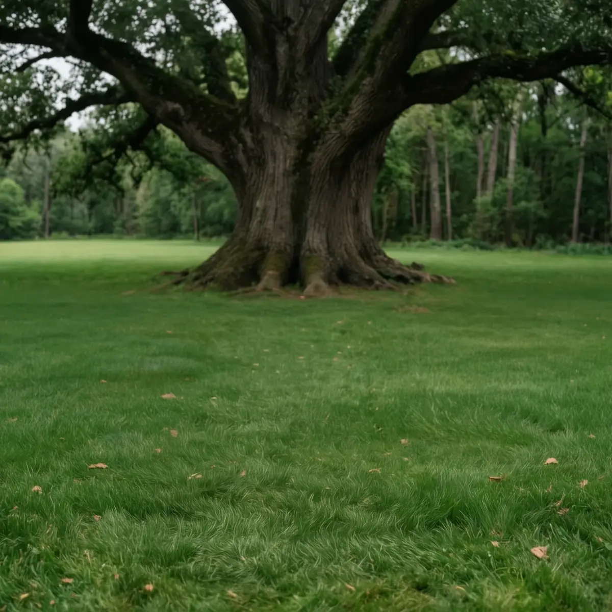 Empty outdoor garden venue under large oak tree - clean grass, no ceremony setup, no florals - source photo before AI wedding visualization by RogerApp.ai