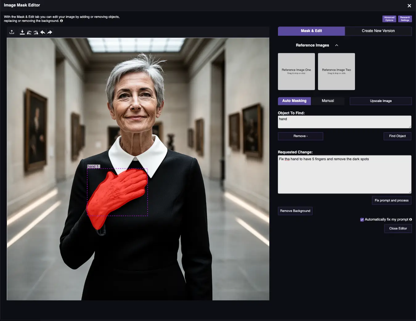 Automaattimaskaus RogerApp.ai:ssa: naisen käden korjaus kuvassa