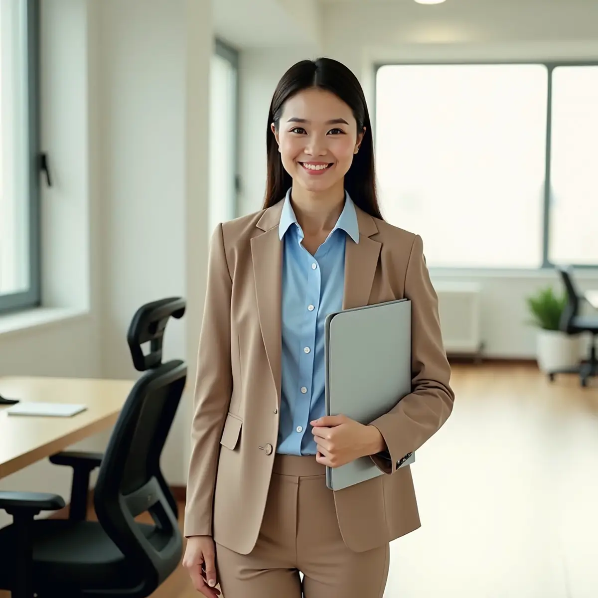 Uusi alkuperäinen AI-generoitu kuva luotu referenssikuvasta RogerApp.ai:ssa: nainen modernissa toimistoympäristössä