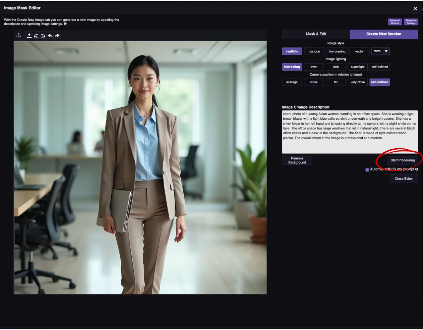 RogerApp.ai:n Create New Version -välilehti: alkuperäinen toimistokuva ladattuna ja valmiina AI-kuvan generointiin