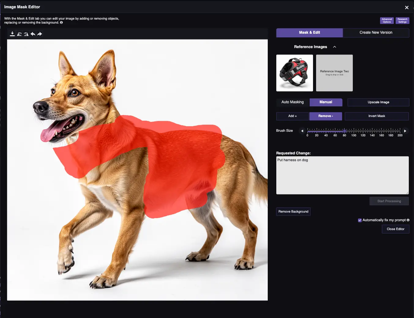 Manuaalinen maskaus RogerApp.ai:ssa: koira ja valjaat, sivellinmaskaustyökalu käytössä