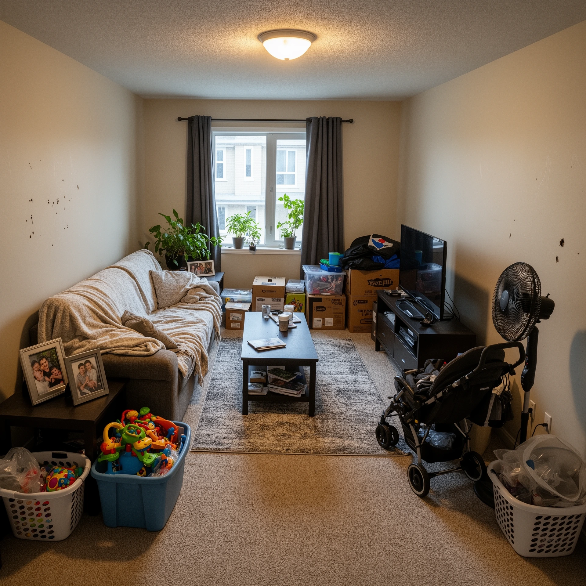 Cluttered tenant-occupied living room before AI photo cleanup — toys in baskets, stroller, moving boxes, family photos, laundry, wall marks — source photo for RogerApp.ai object removal