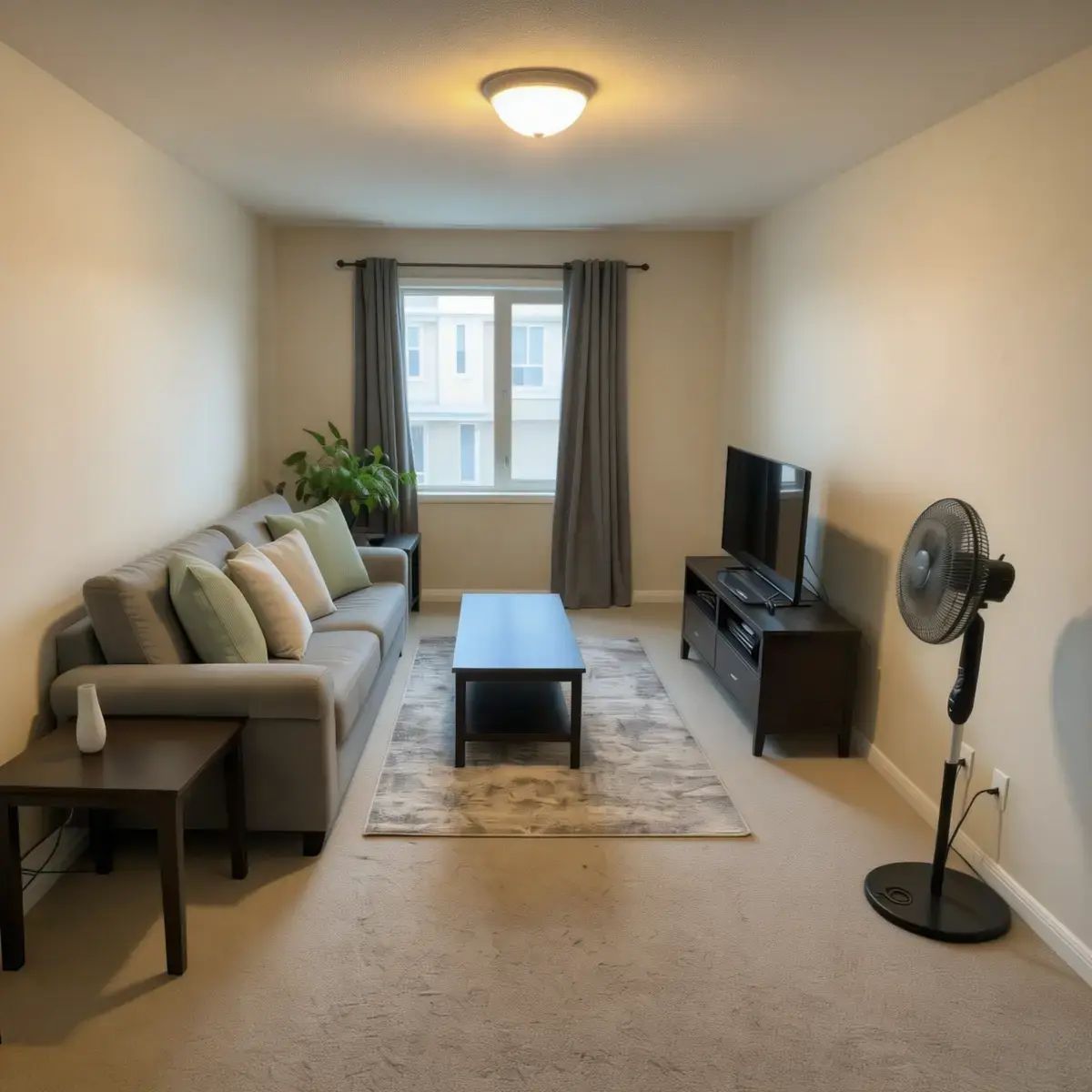 AI photo cleanup result showing same tenant-occupied living room with clutter removed — toys, boxes, stroller and personal items gone, walls cleaned, same sofa and furniture kept — RogerApp.ai