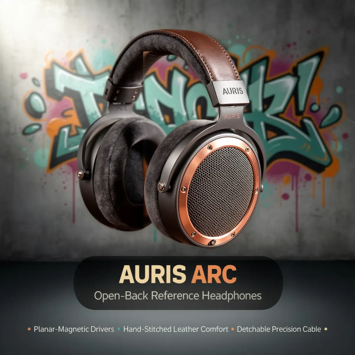 Lopputulos RogerApp.ai:ssa: kuulokkeet uudella taustalla ja lisätyllä tekstillä, tuote muuttumattomana käänteisen maskauksen ansiosta