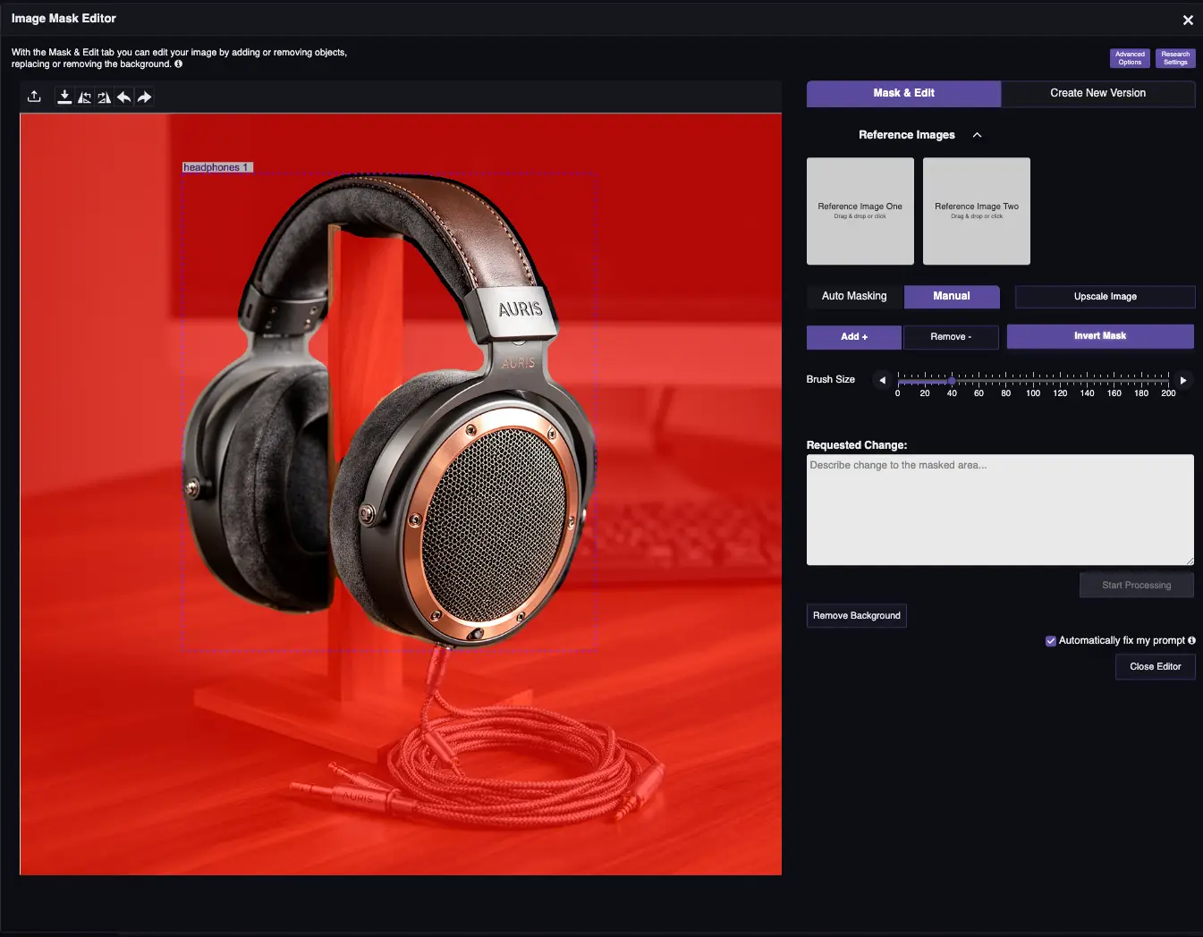 Käänteinen maskaus aktivoitu RogerApp.ai:ssa: kuulokkeet suojattu ja tausta valittu muokkausta varten
