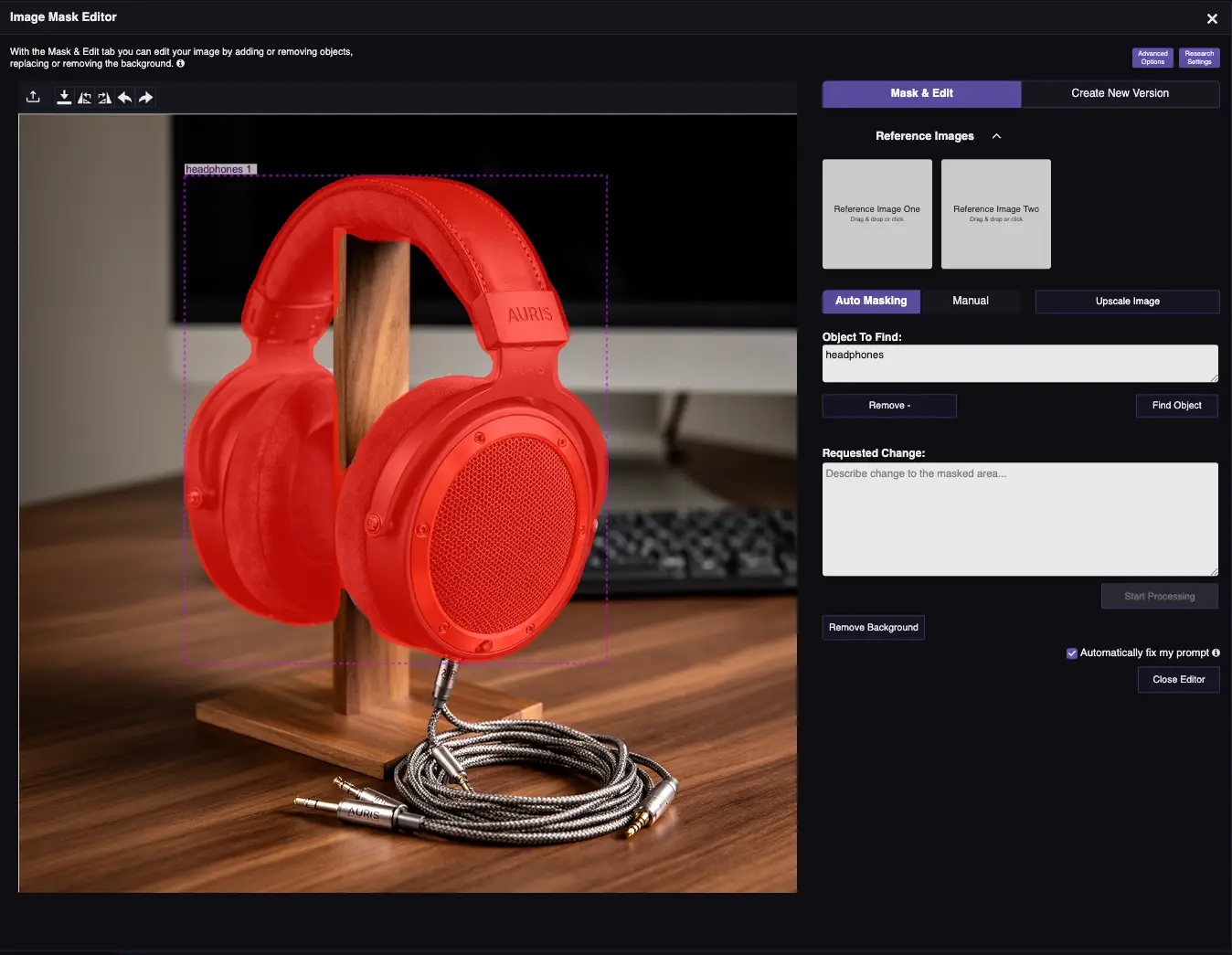 Automaattimaskauksen vaihe RogerApp.ai:ssa: kuulokkeet valittu automaattisesti AI:lla ennen käänteisen maskauksen soveltamista