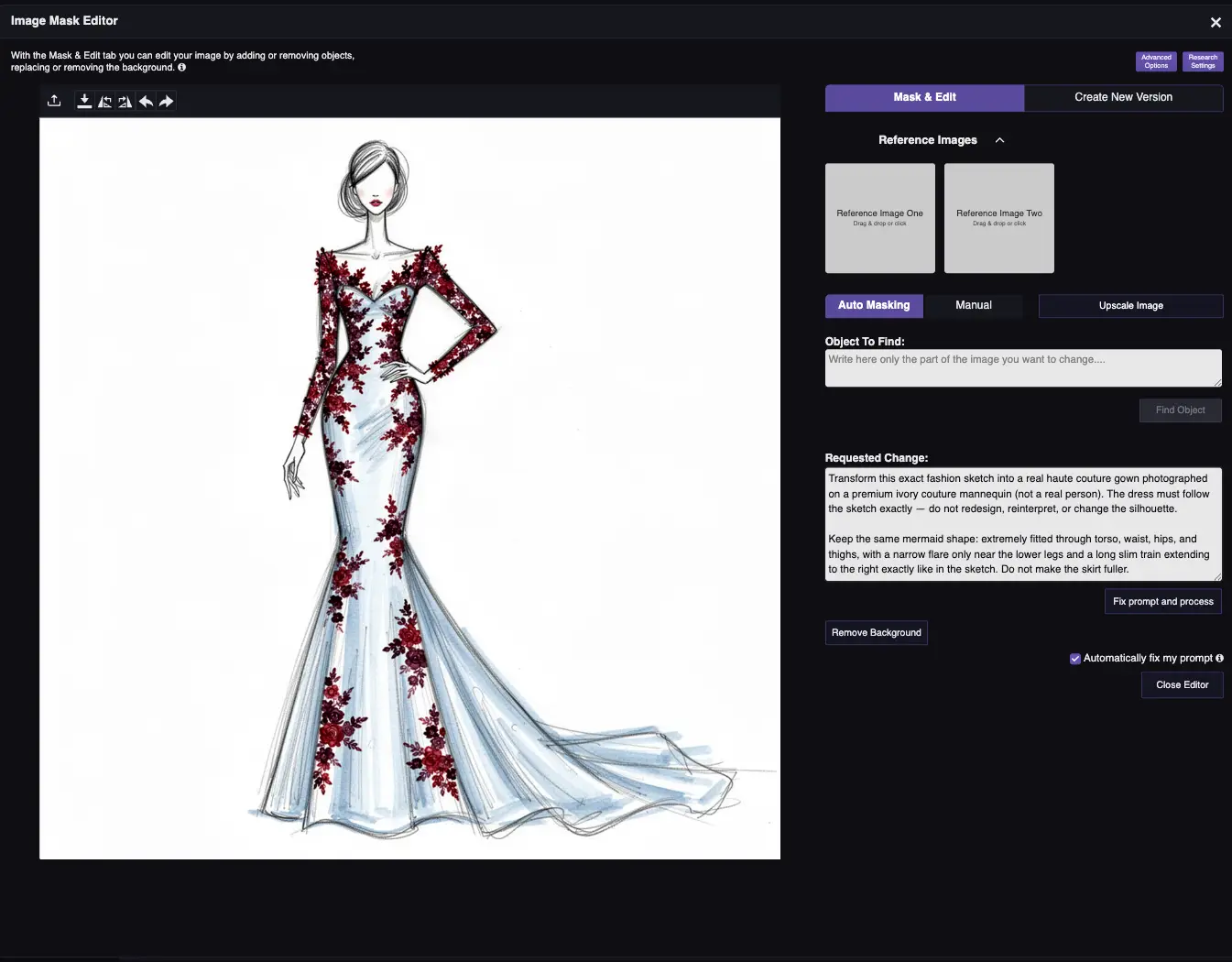 RogerApp.ai:n kuvaeditori: käsin piirretty merenneitoleninkki-muotiluonnos ladattuna pääkuvaksi ja yksityiskohtainen muunnosprompt Requested Change -kentässä