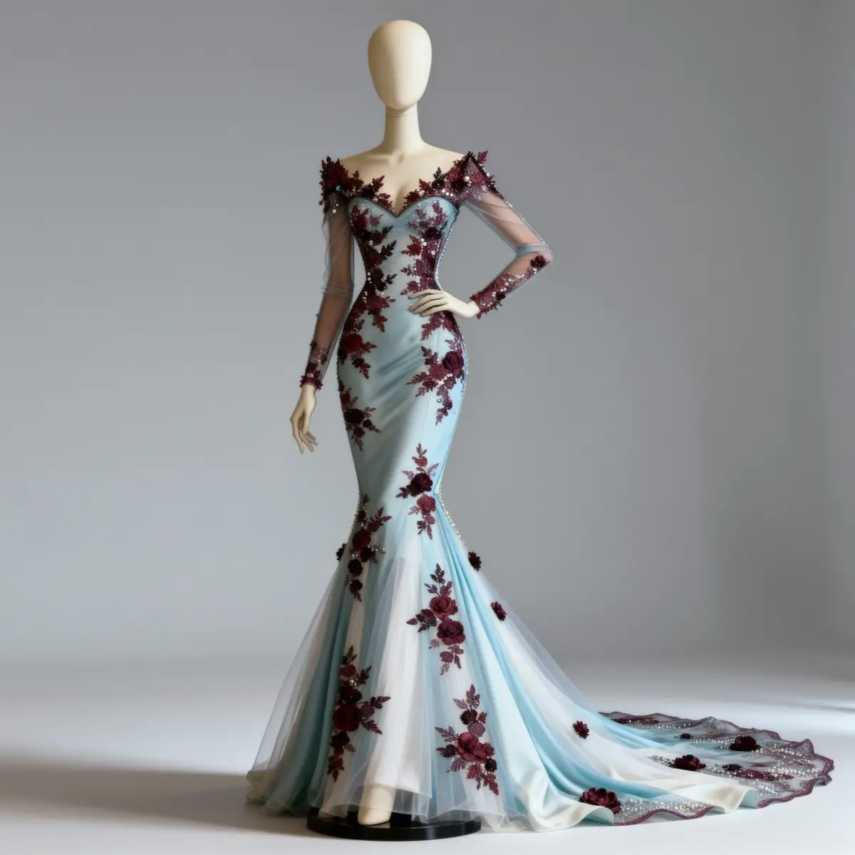 Luonnoksesta kuvaksi AI-tulos RogerApp.ai:ssa: käsin piirretty merenneitoleninkki-muotiluonnos muutettu fotorealistiseksi tuotekuvaksi mallinukella