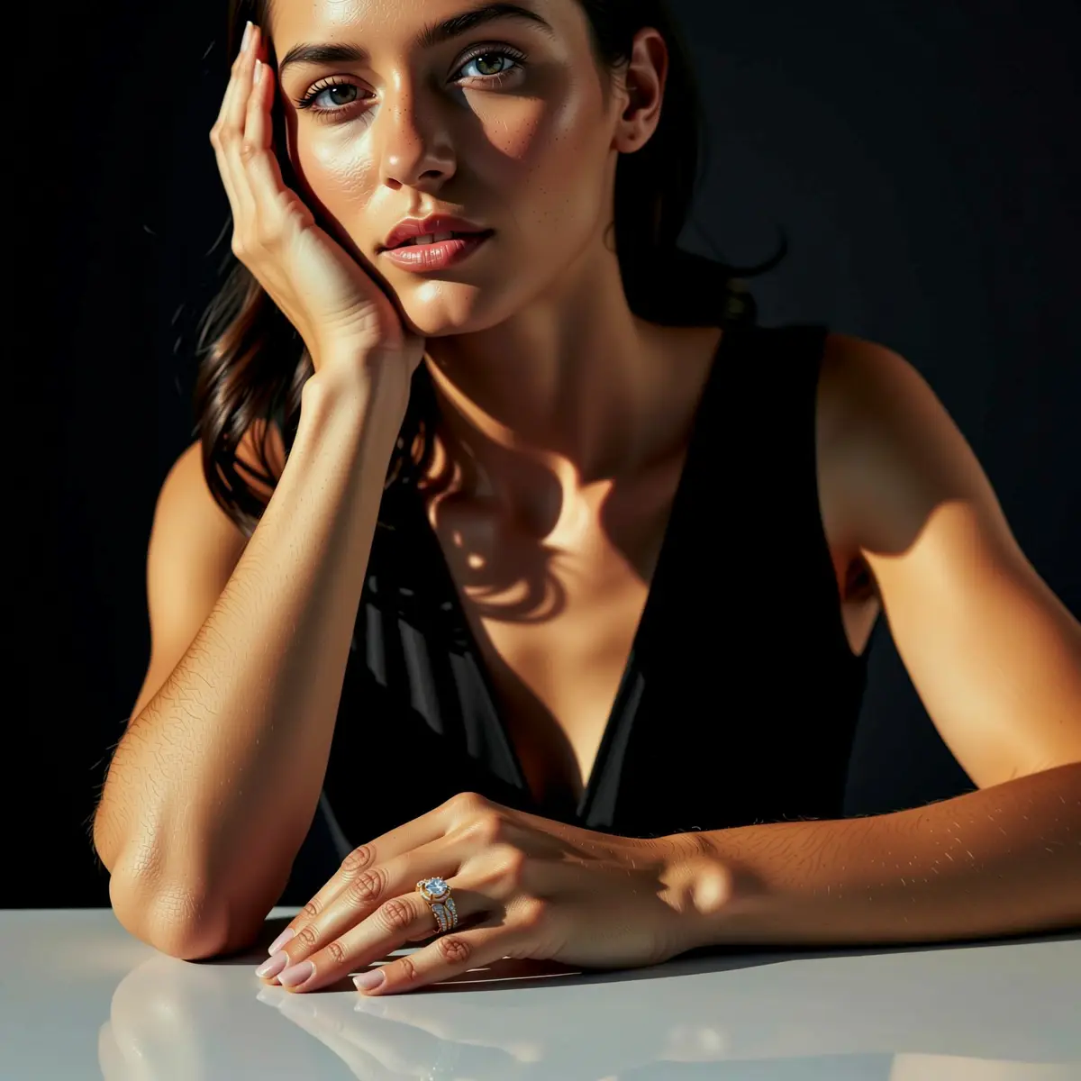 Virtuaalisen sormuksen sovituksen tulos RogerApp.ai:ssa: timanttikihlassormus yhdistetty mallin sormeen, nainen mustassa iltapuvussa pöydän ääressä dramaattisella studiovalaistuksella