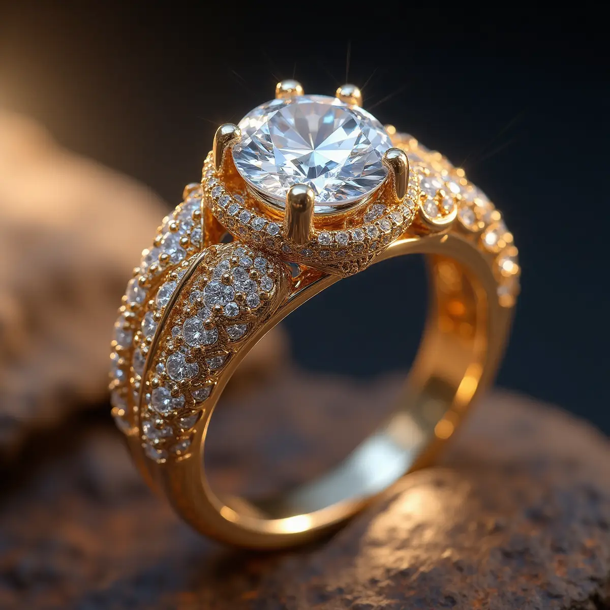 Korutuotekuva RogerApp.ai:ssa: kultainen pavé-timanttikihlassormus suurella keskikivellä, makrolähikuva