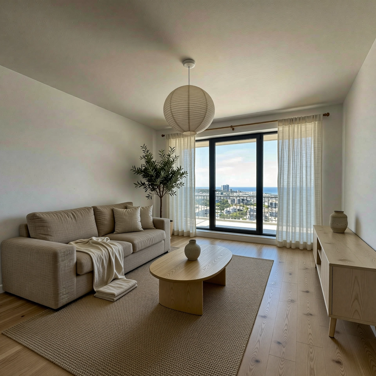 AI Virtual Staging -tulos: tyhjä asunnon olohuone sisustettu skandinaaviseen minimalistiseen tyyliin – beige pellavasohva, pyöreä tamminen sohvapöytä, paperinen riippuvalaisin, läpikuultavat verhot – RogerApp.ai