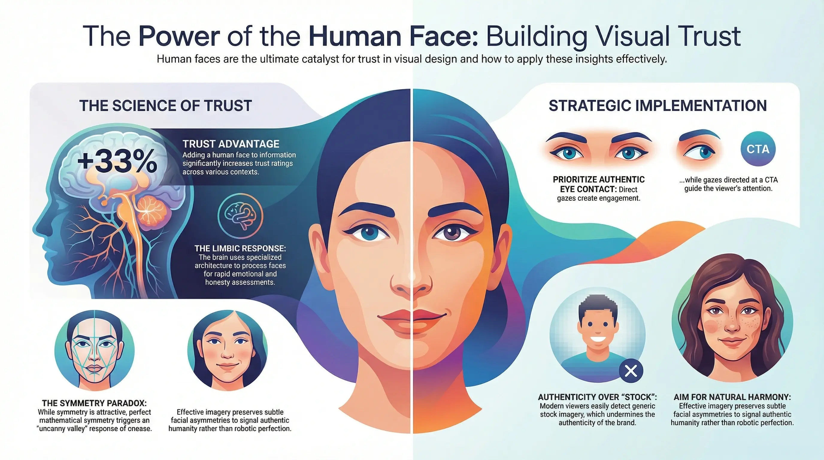 Infographic on the role of human faces in visual trust: a 33% increase in trust ratings when human faces are present, the brain's specialized face-processing architecture in the fusiform face area, the symmetry paradox where mathematically perfect AI-generated faces trigger uncanny valley unease, natural facial asymmetry signaling authentic humanity, the importance of direct eye contact for engagement, and guidelines for avoiding stock photography to maintain perceived authenticity.