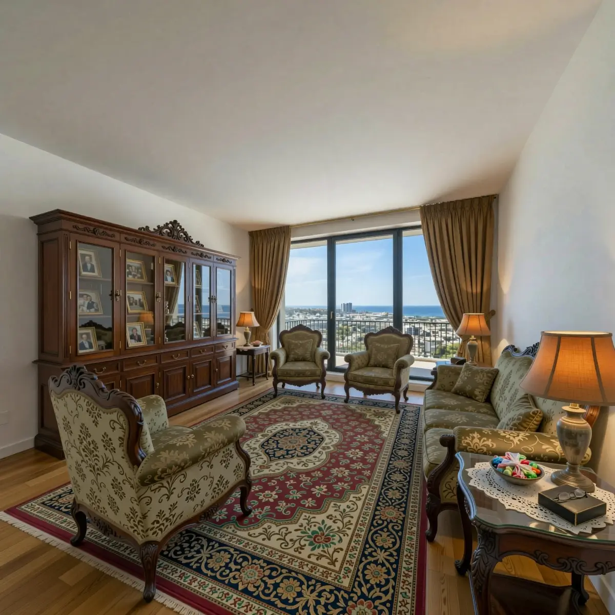 AI Virtual Staging -tulos: asunnon olohuone perinteisessä klassisessa tyylissä – koristeellinen tumma puukaappi, damastinojatuolit, persialainen matto, kultaiset verhot – RogerApp.ai